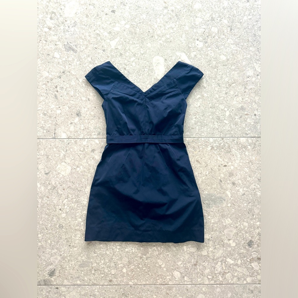 THEORY Size 0 Mini Dress Navy V-Neck Off Shoulder Side Zip